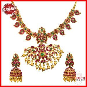 Traditional Indian Antique Gold Plated Temple Jewelry Necklace Set